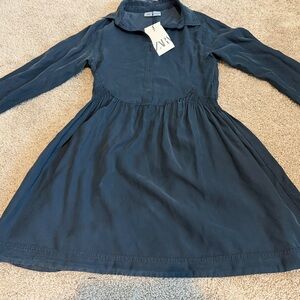 Zara Dark Blue Button-Down Cinched Waist Dress 13–14 NWT